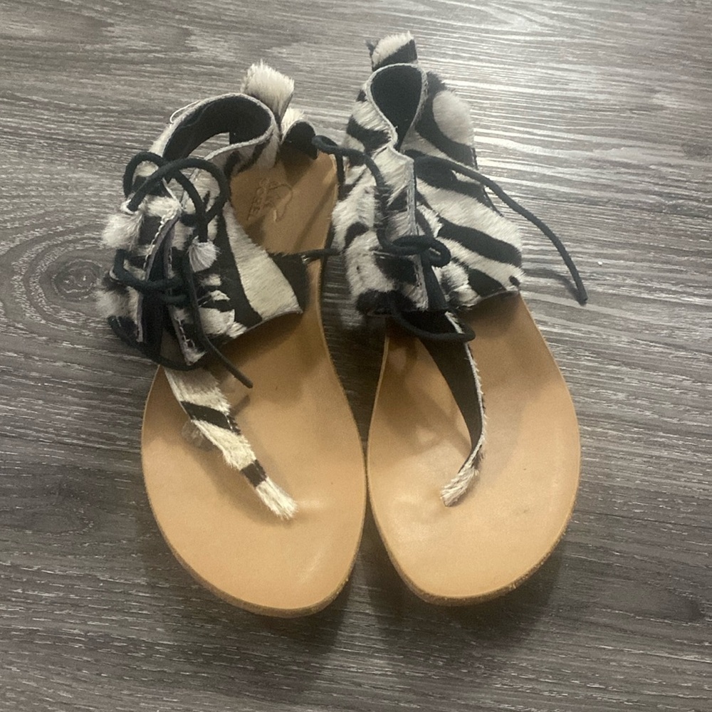 Sorel Ella Lace Up Zebra Calf Hair Thong Sandals Black White NL1834-010 Womens 8